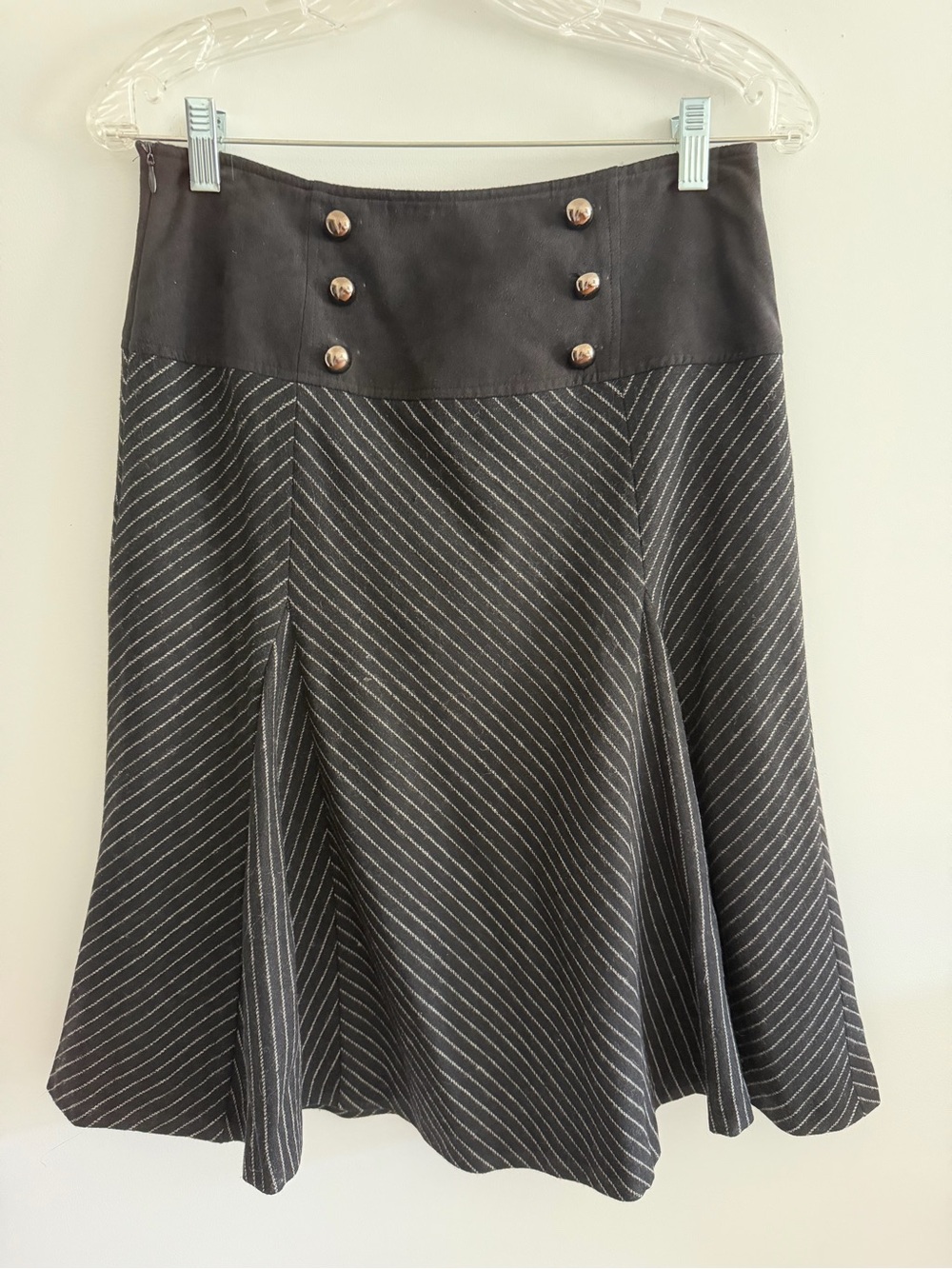 Classic Black Pinstripe A-Line Skirt with Button Detail